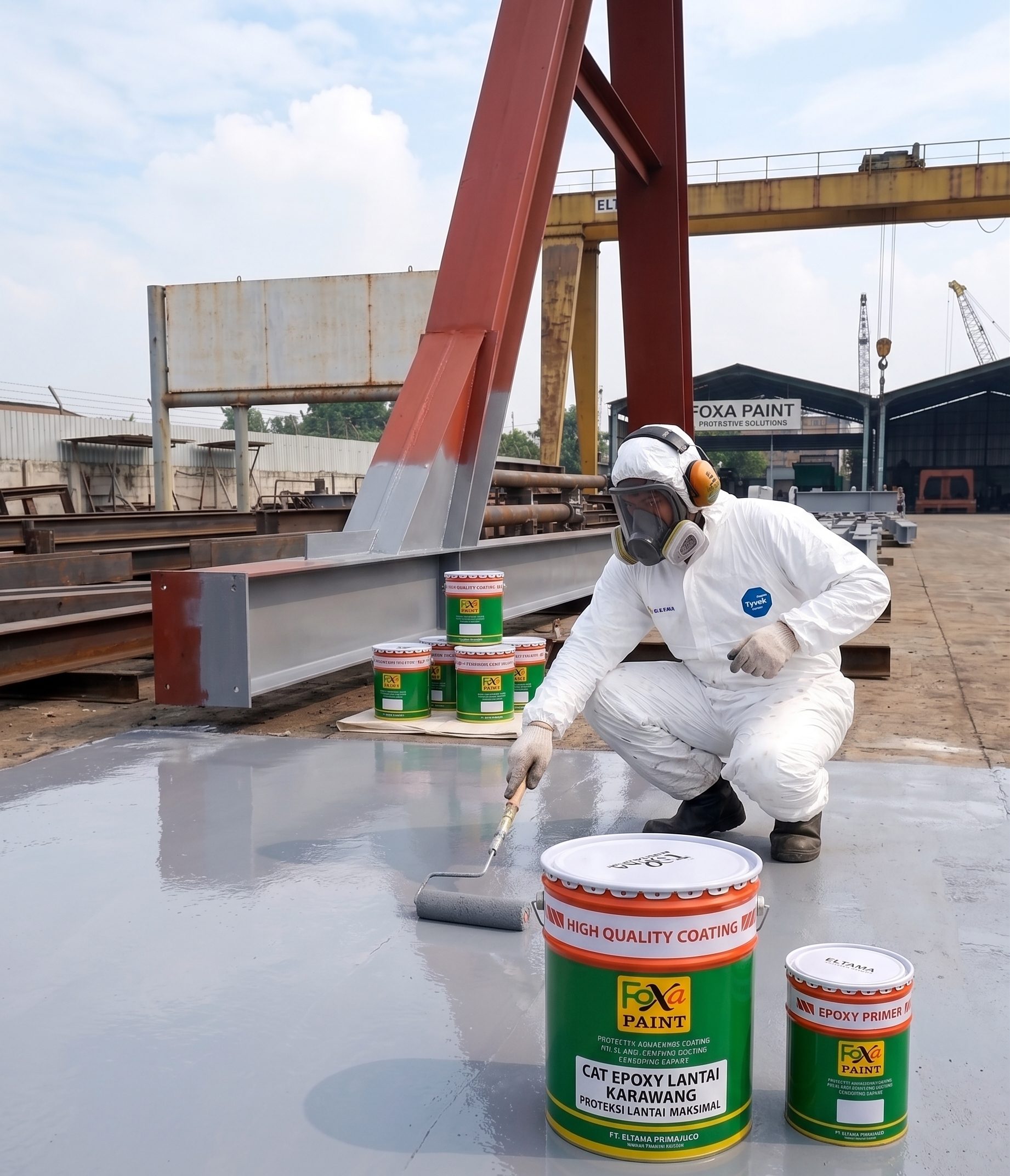 Seorang pekerja dengan pakaian pelindung putih (hazmat), masker respirator, dan pelindung telinga sedang mengaplikasikan cat epoxy lantai warna abu-abu mengkilap menggunakan kuas rol. Di bagian depan, tampak jelas ember cat besar merek "Foxa Paint" bertuliskan "Cat Epoxy Lantai Karawang