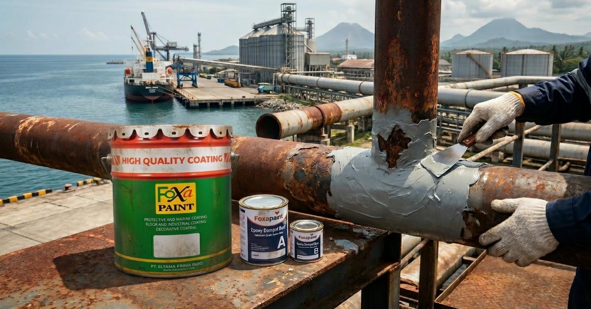 Pekerja bersarung tangan memperbaiki pipa berkarat di pelabuhan industri. Ember cat Foxa PAINT dan kaleng komponen dempul ada di latar depan.