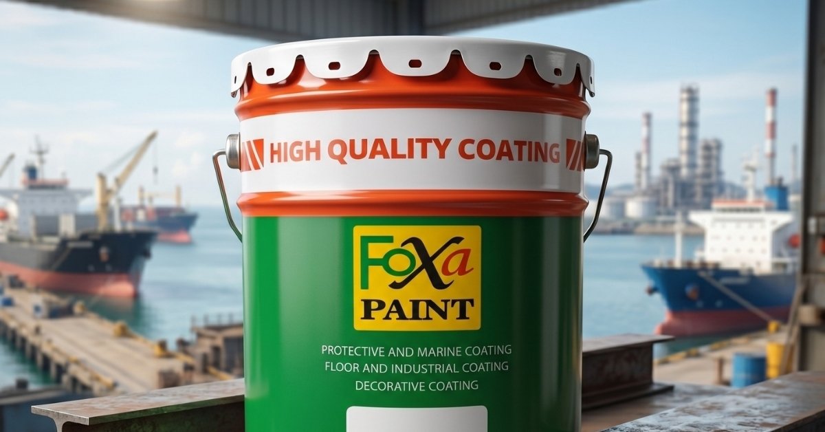 Kaleng cat FOXA PAINT 'High Quality Coating' hijau dan oranye di atas meja berkarat dengan spatula, latar belakang pelabuhan industri dan kapal.