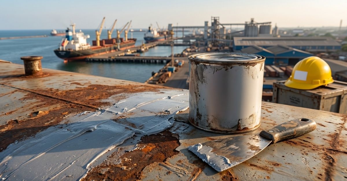Kaleng dempul polos dan spatula di atas permukaan besi berkarat, dengan latar belakang kawasan pelabuhan industri dan kapal kargo.