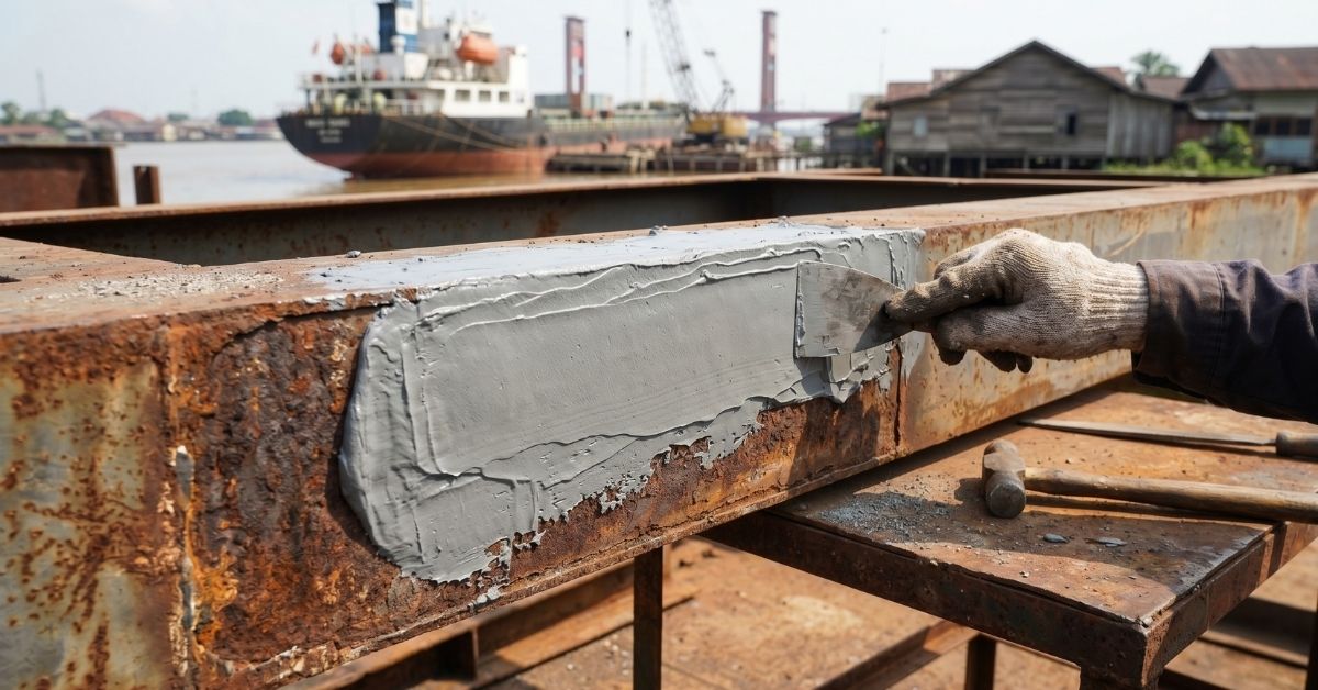 Pekerja mengaplikasikan dempul epoxy abu-abu pada struktur besi berkarat dengan spatula, berlatar aktivitas kapal kargo di pelabuhan sungai industri.