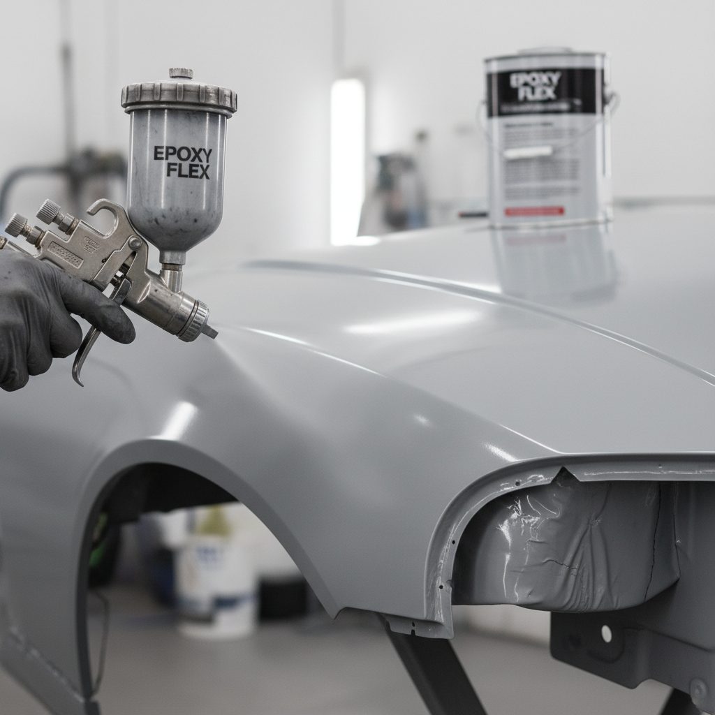 A close-up view of a car body panel being professionally primed with epoxy flex, showcasing its smooth application and excellent coverage ready for painting.