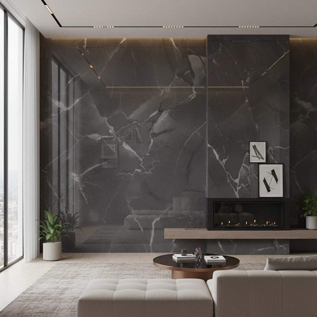 Dinding interior modern dengan cat epoxy motif marmer berwarna abu-abu gelap dan finishing glossy