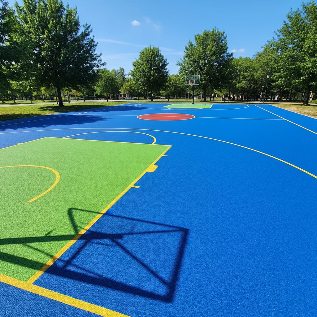 Tampilan lapangan basket outdoor yang baru dicat dengan warna cerah dan garis marking yang jelas, menunjukkan kualitas cat lapangan basket outdoor yang anti-slip.