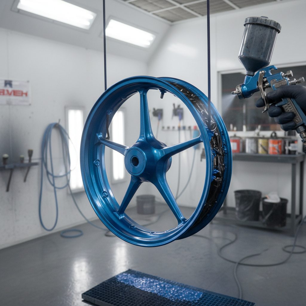Pengecatan ulang velg motor dengan cat anti-gores profesional untuk tampilan baru dan perlindungan maksimal.
