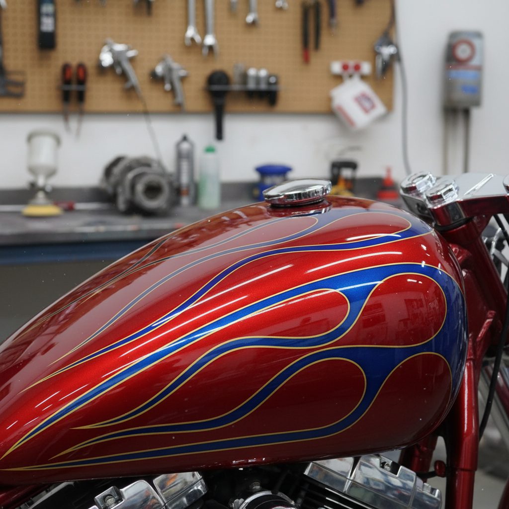 Close-up of a freshly painted motorcycle body showing a glossy, high-quality finish, illustrating professional full-body motorbike repaint services.