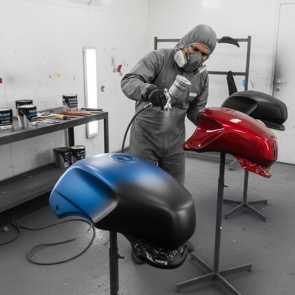 Teknisi sedang mengecat body motor, menampilkan proses pengerjaan dan berbagai jenis finish cat seperti glossy, doff, dan metalik yang mempengaruhi harga cat body motor.