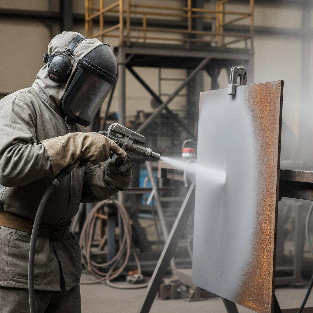 Proses sandblasting untuk persiapan permukaan logam, menyoroti pentingnya kebersihan sebelum pengecatan dan pengaruhnya terhadap harga sandblasting per m2.