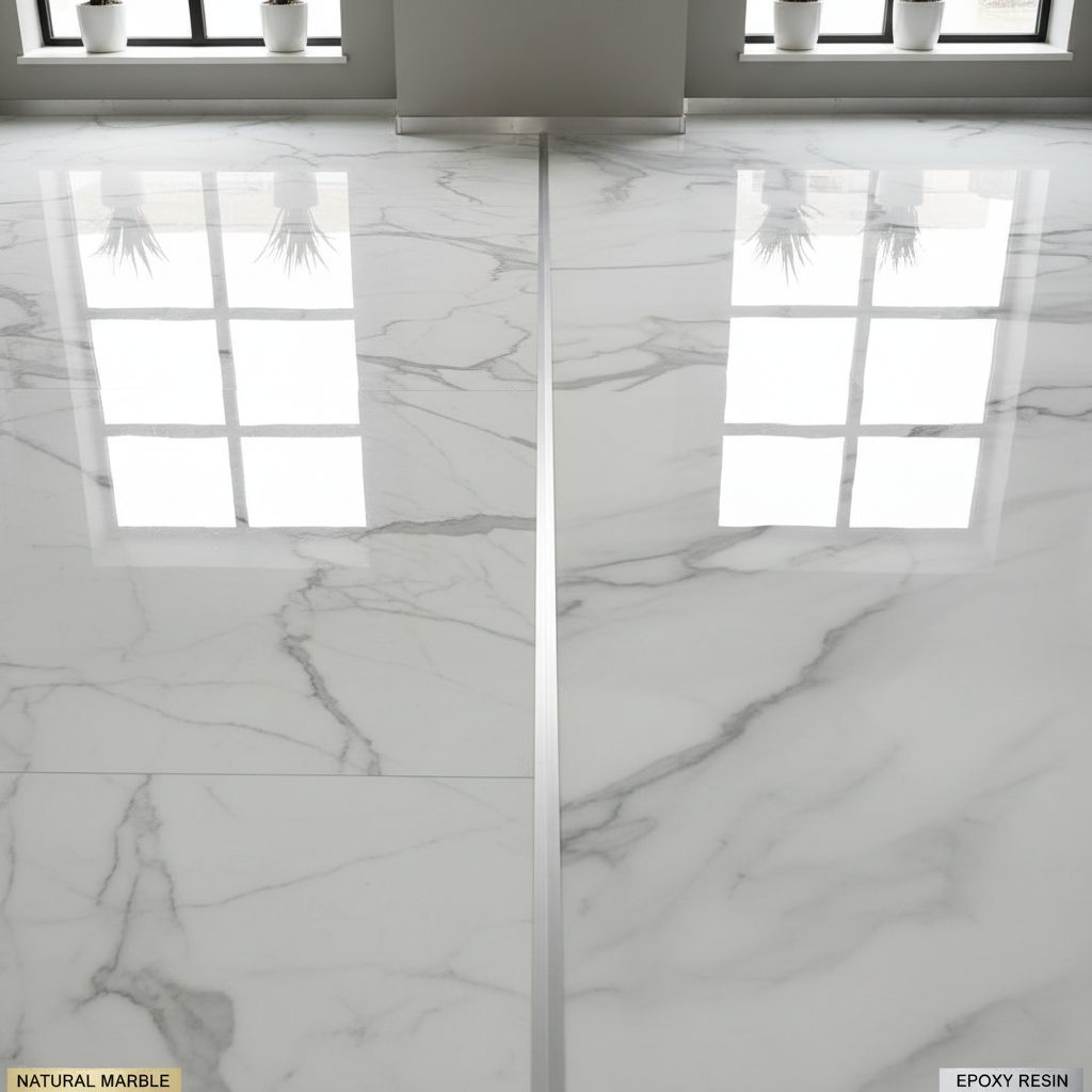Perbandingan visual antara lantai marmer asli yang mewah dan lantai epoxy dengan motif marmer yang elegan, menunjukkan estetika serupa dan keunggulan cat alternatif